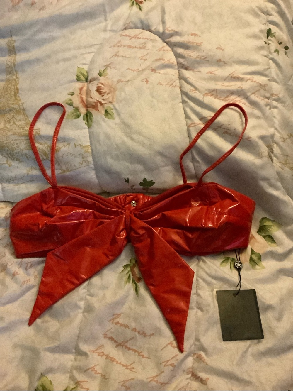 Red leather-Look Bow Front Crop Top with Spaghetti Straps